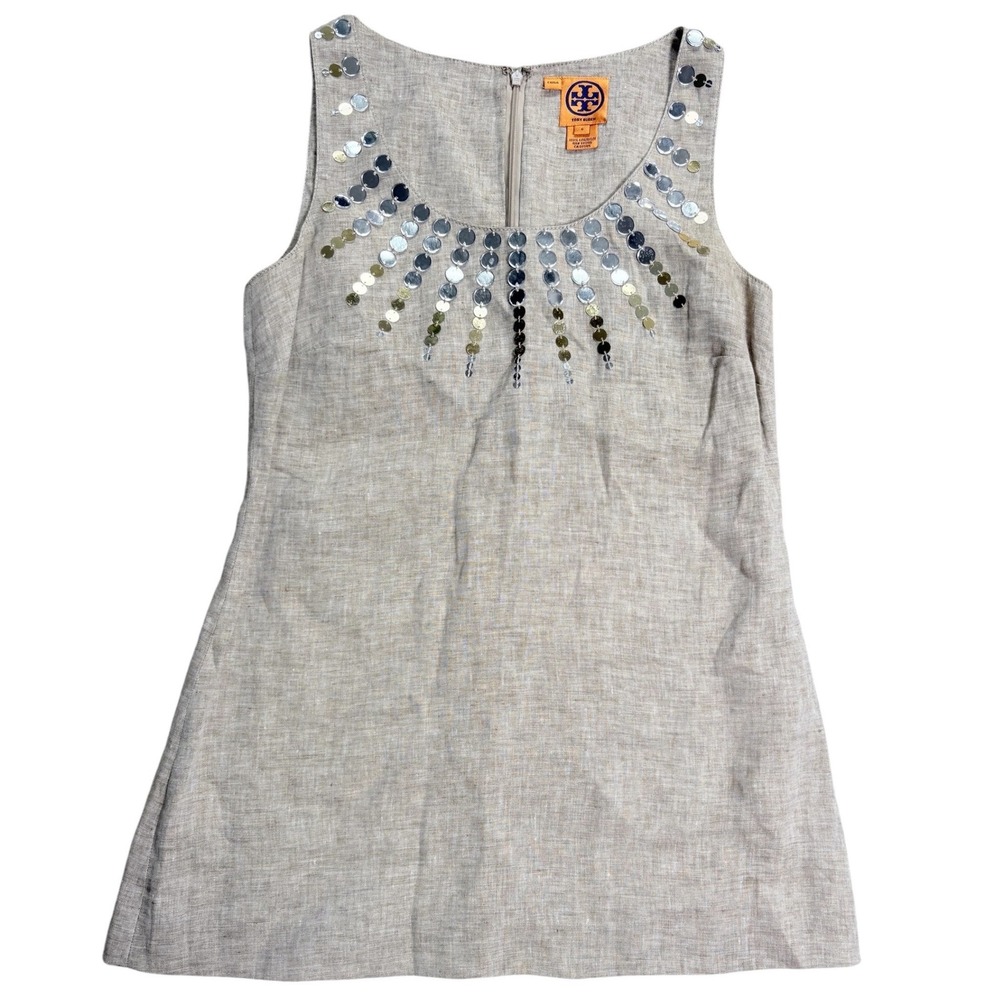 Tory Burch Womens Beige 100% Linen Sequin Sunburst Shift Tunic Tank Size 6 EUC